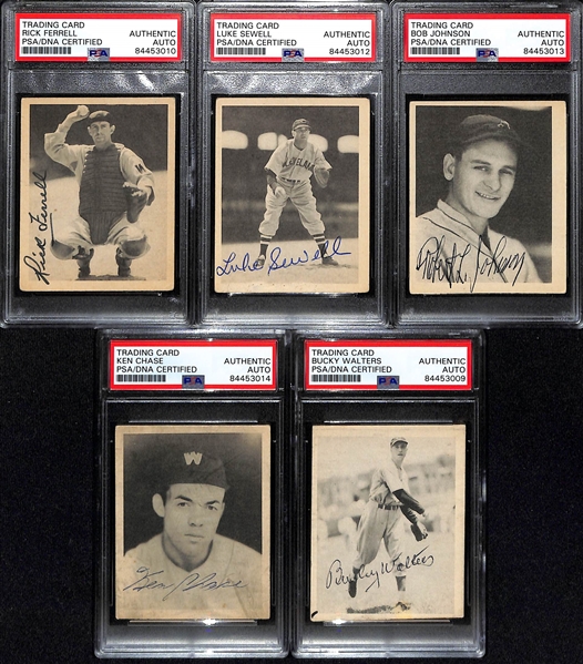 (5) Signed 1939 Play Ball Cards - Rick Ferrell, Luke Sewell, Bob Johnson, Ken Chase, & Bucky Walters (All PSA/DNA Slabbed)